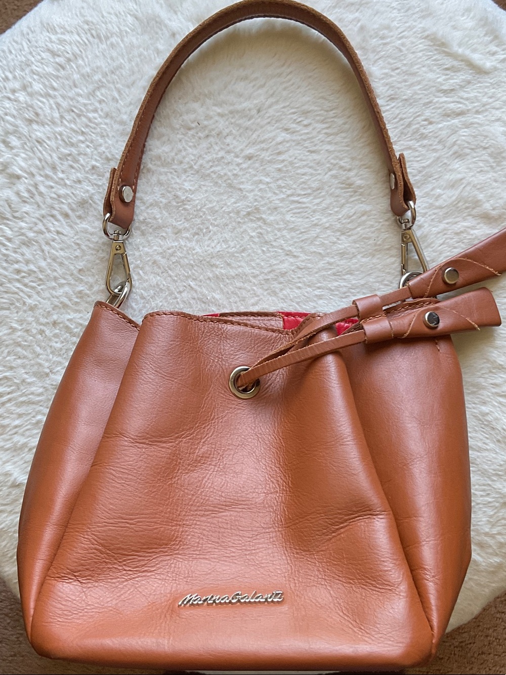 Vera Pelle Cognac Brown Leather Shoulder Bucket Bag